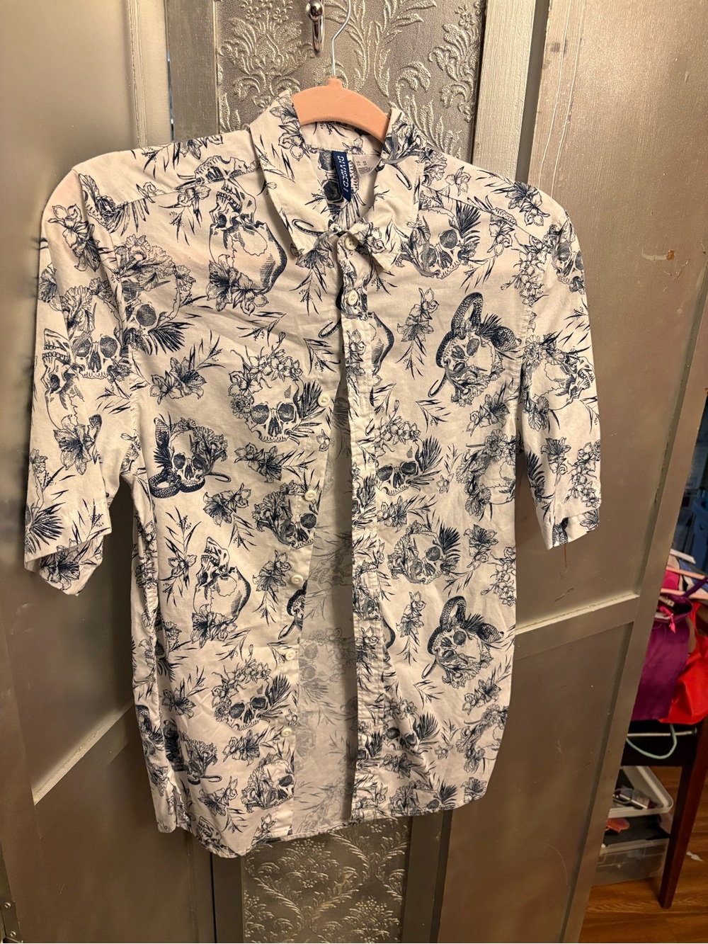 Men's Short-Sleeve Printed Button-Up Shirt - Navy on White